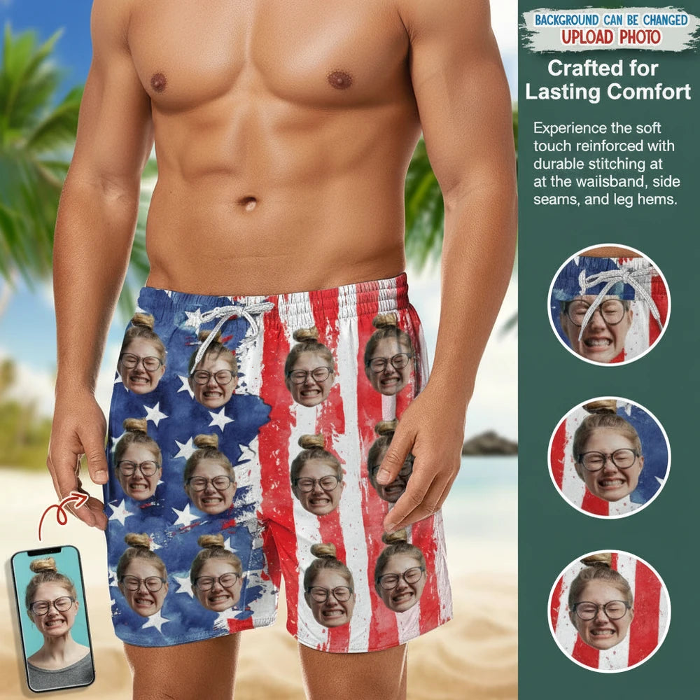 Custom Photo Upload Beach Shorts with American Flag Design close-up detail