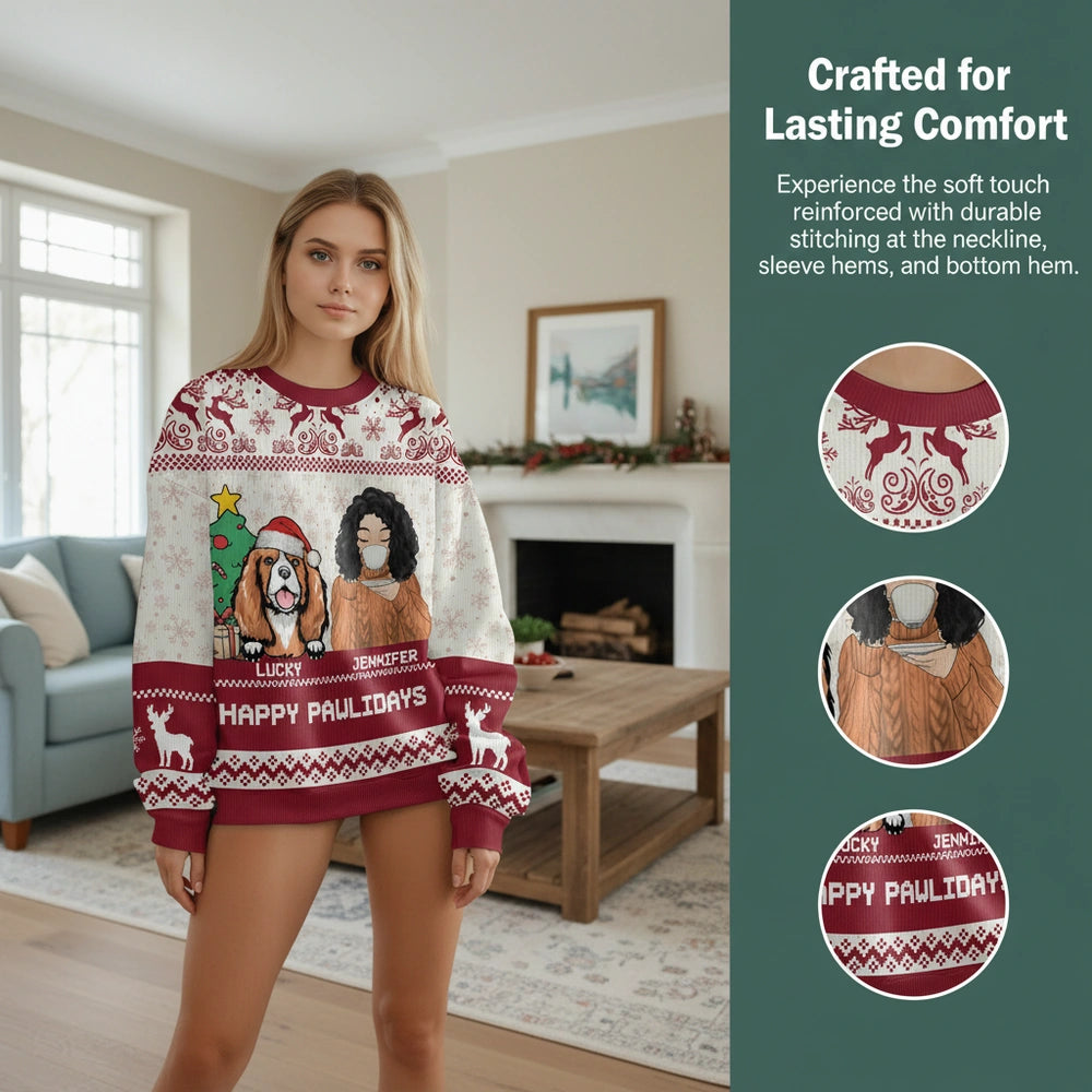 Custom Photo Upload Sweater with Happy Pawlidays & Christmas Tree close-up detail