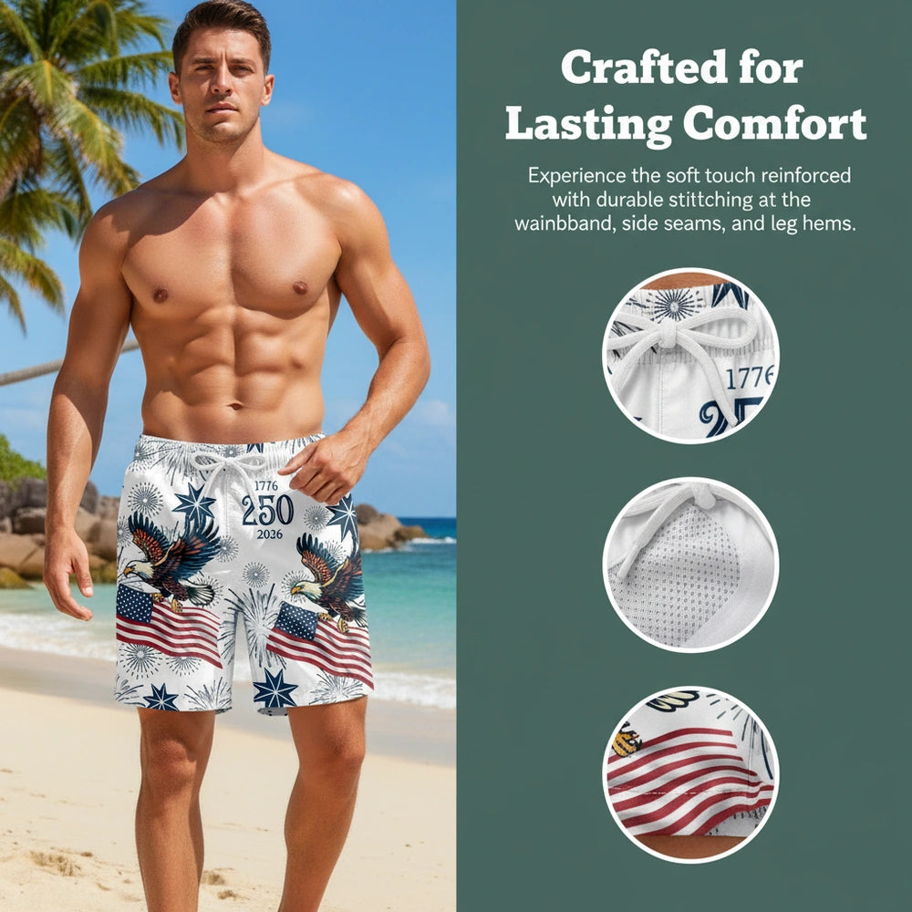 Custom Photo Upload Beach Shorts with Eagle & American Flag Fireworks close-up detail