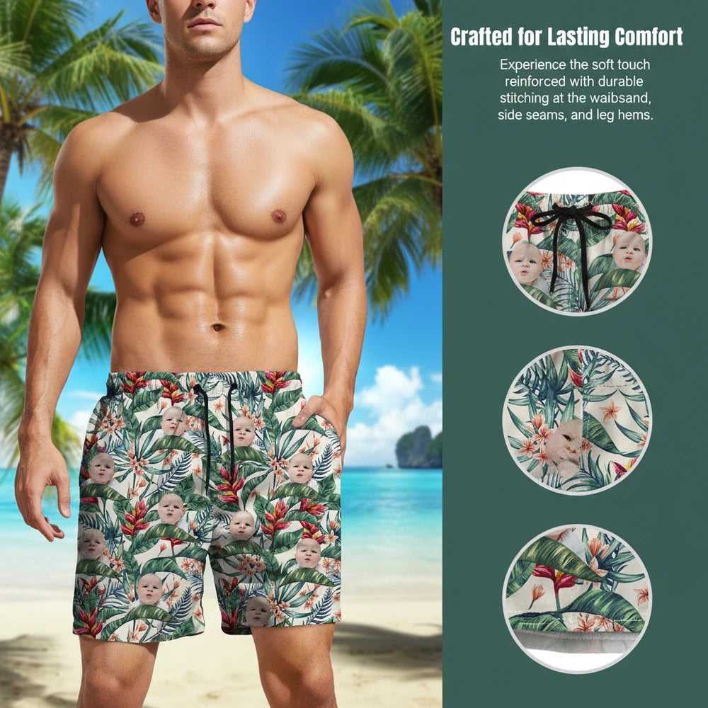 Custom Photo Beach Shorts with Tropical Leaves & Flowers close-up detail