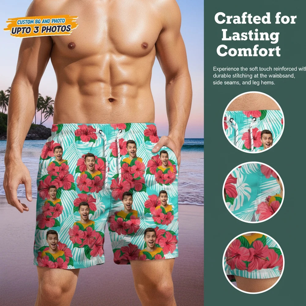 Custom Photo Upload Beach Shorts with Hibiscus Flowers close-up detail