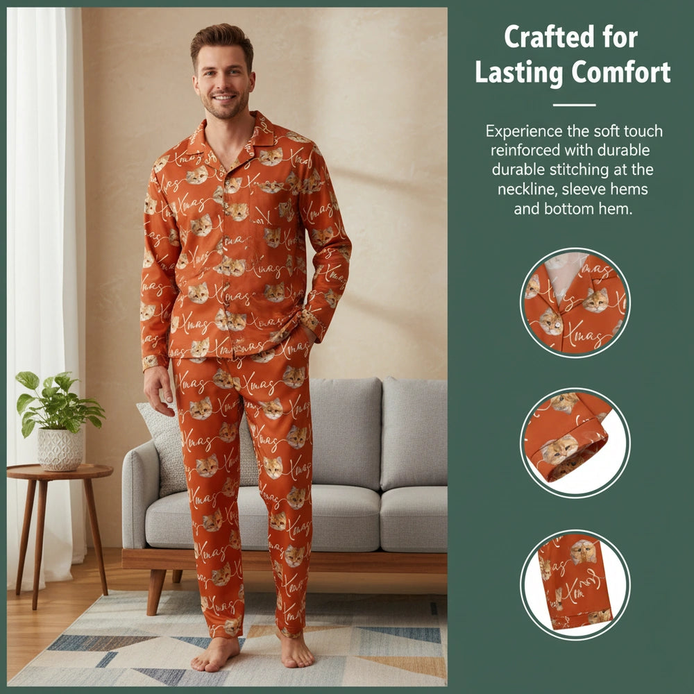 Custom Photo Upload Pajamas with Cat Faces and Xmas Text close-up detail