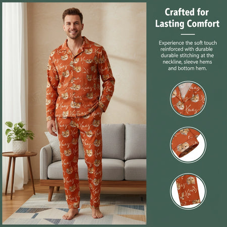 Custom Photo Upload Pajamas with Cat Faces and Xmas Text close-up detail