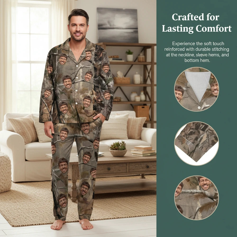Custom Photo Upload Pajamas with Camo Background close-up detail