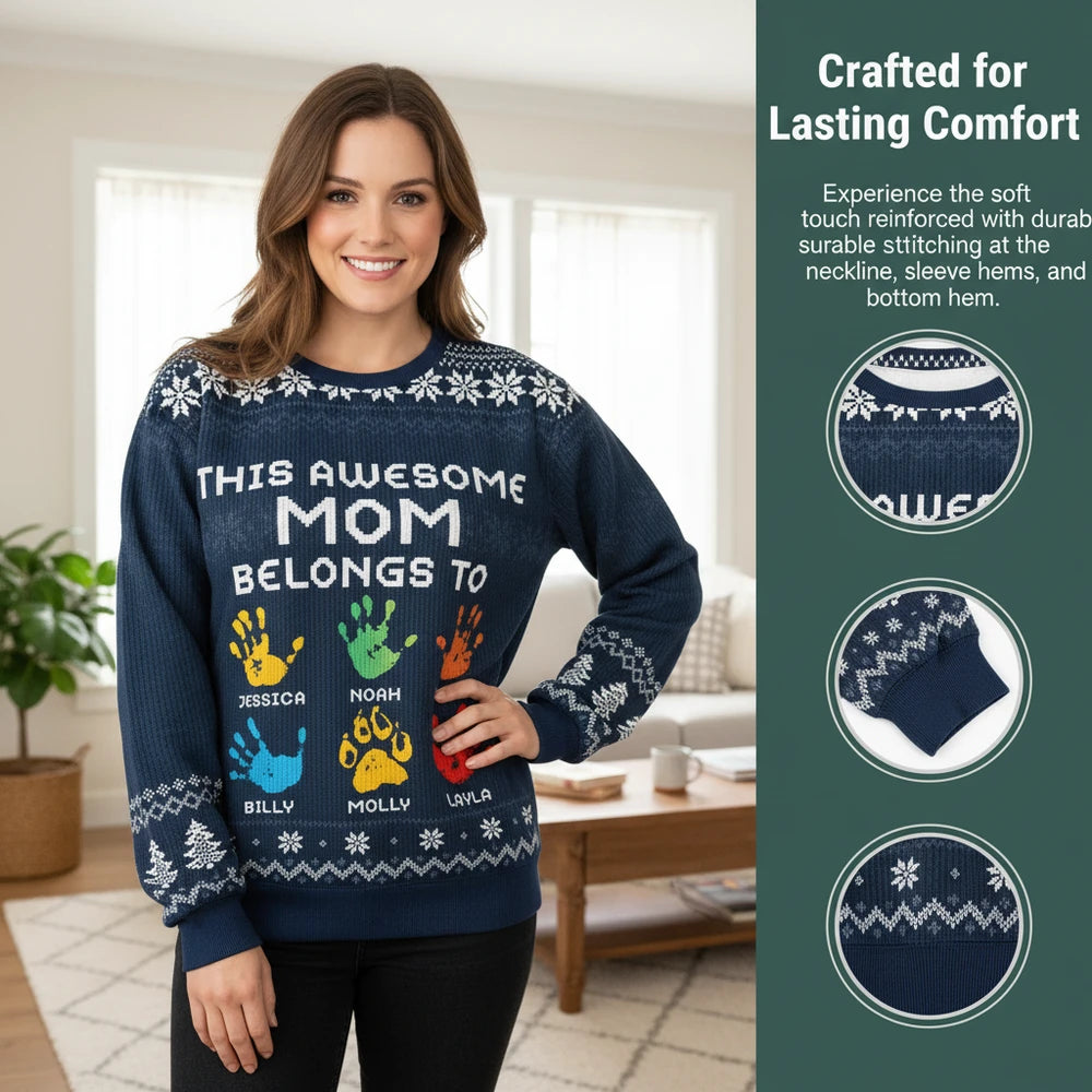 Custom Personalized Sweater with Colorful Handprints & Snowflakes close-up detail