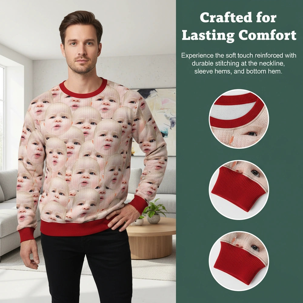 Custom Photo Upload Face Print Sweater with Red Trim close-up detail