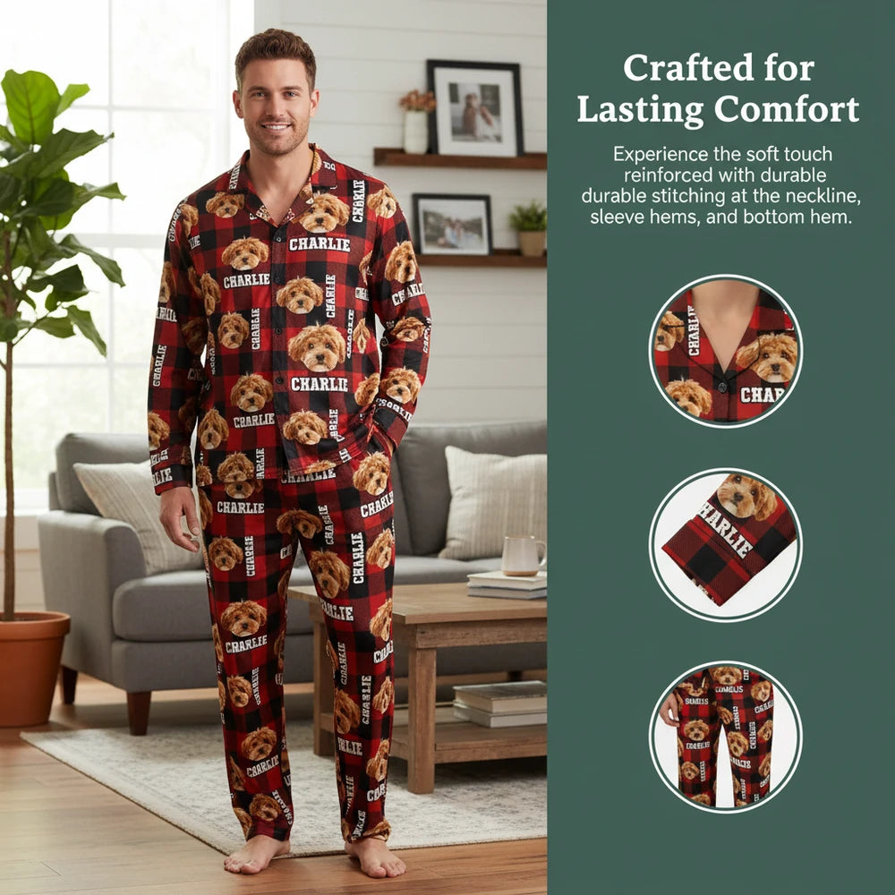 Custom Photo Upload Pajamas with Buffalo Plaid and Dog Faces close-up detail