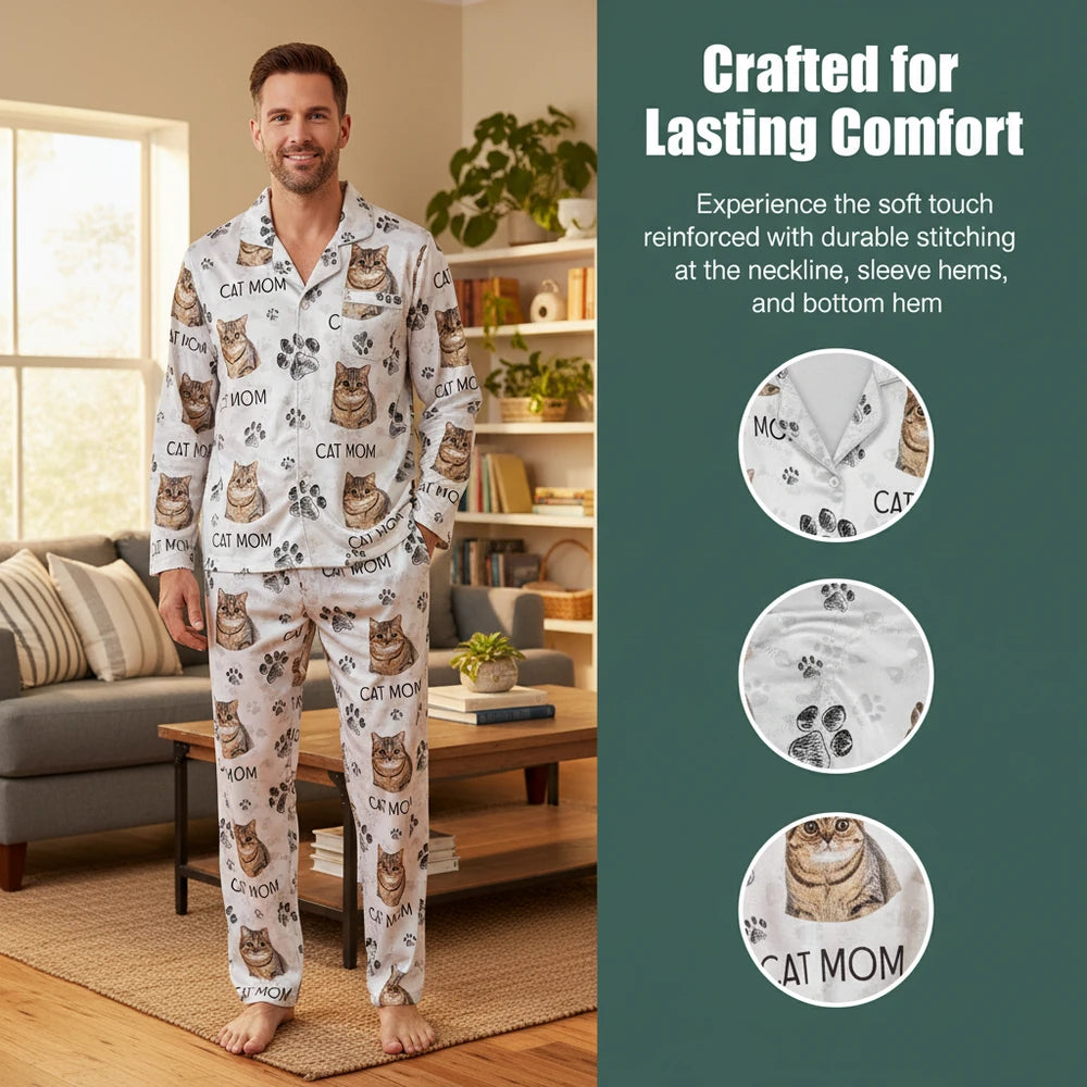 Custom Photo Upload Cat Mom Pajamas with Paw Prints close-up detail