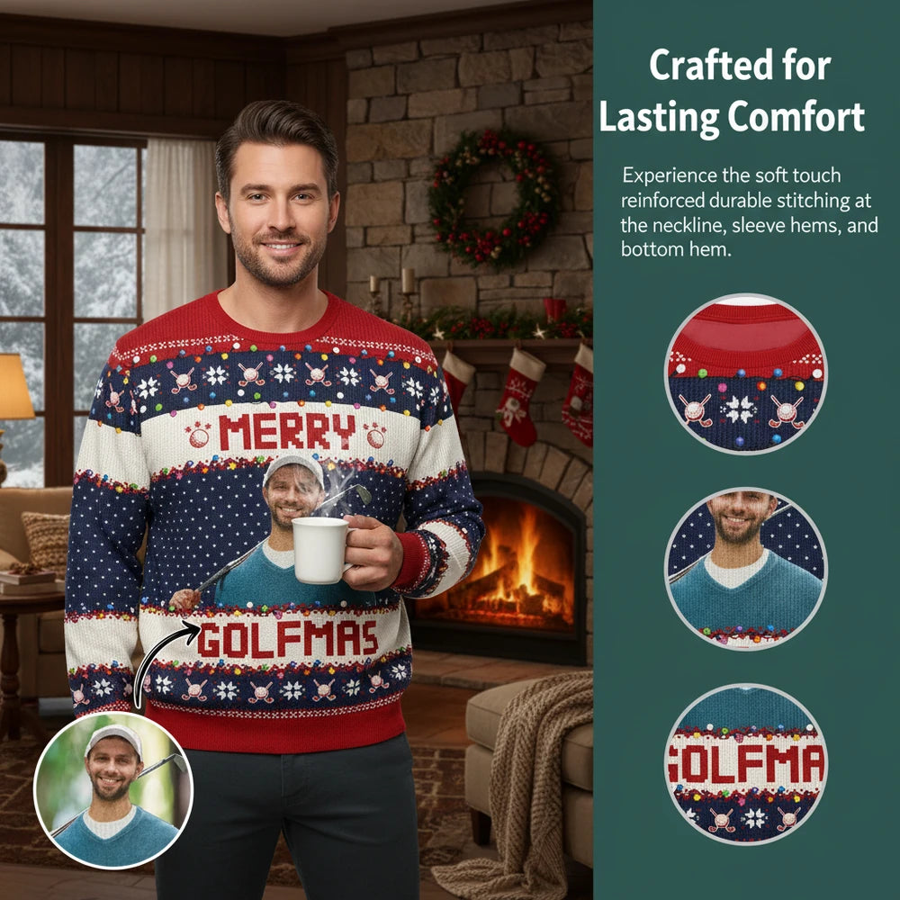 Custom Photo Upload Merry Golfmas Golf Christmas Sweater close-up detail