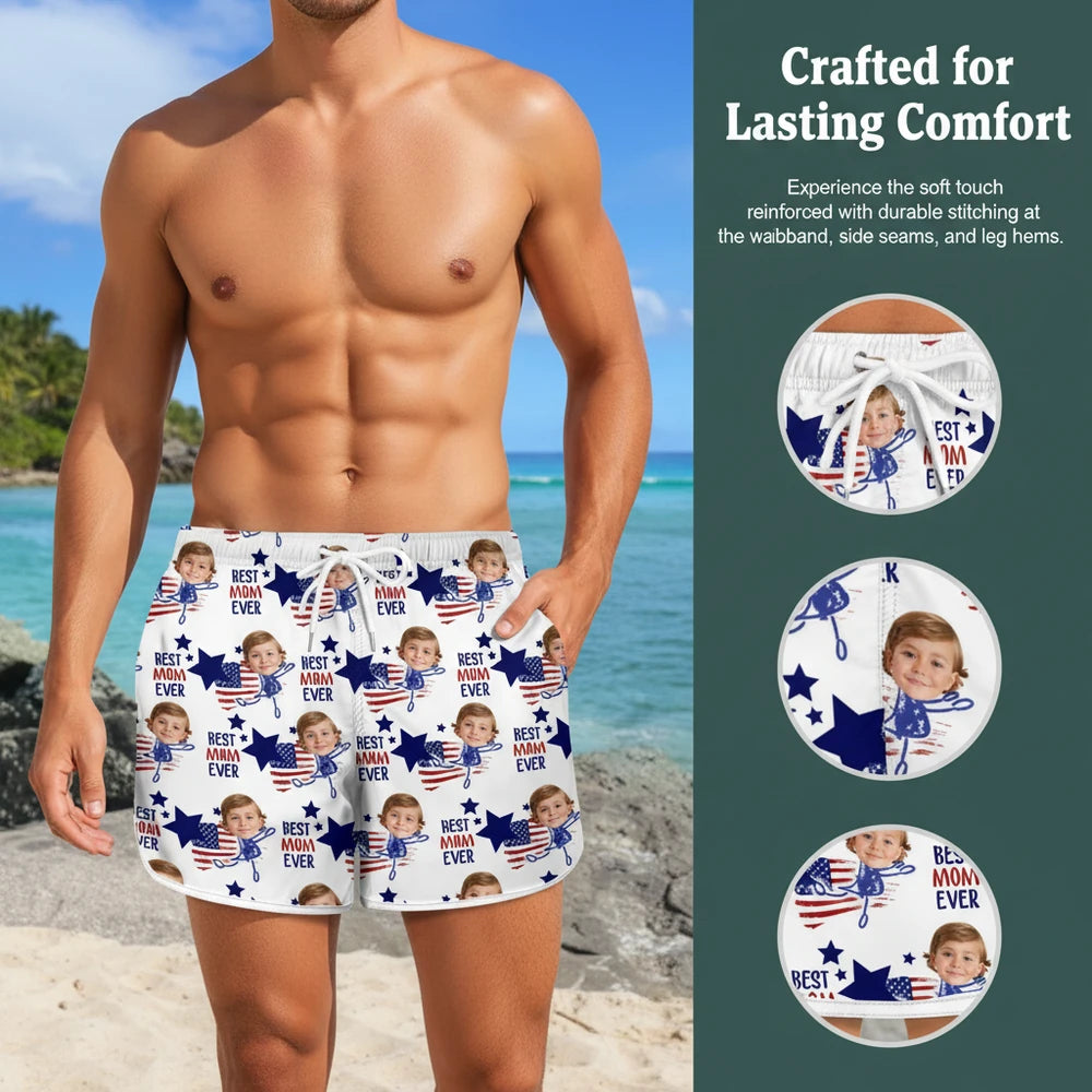 Custom Photo Upload Beach Shorts with American Flag Hearts & Stars close-up detail