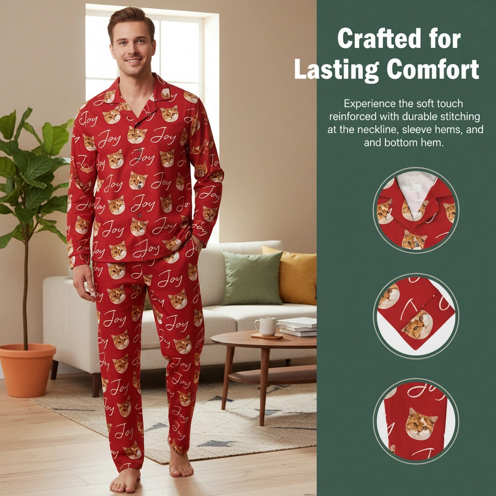 Custom Photo Upload Pajamas with Cat Faces & Joy Text close-up detail