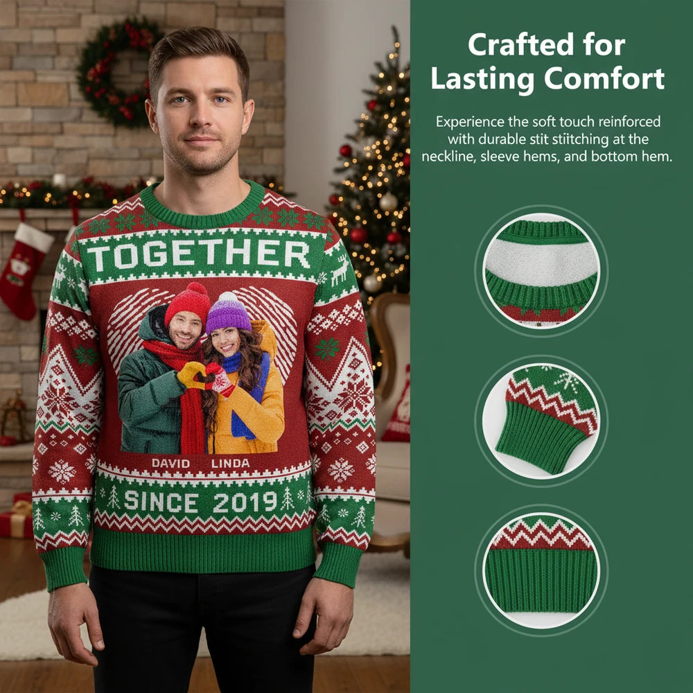 Custom Photo Upload Sweater with Together Since Holiday Pattern close-up detail