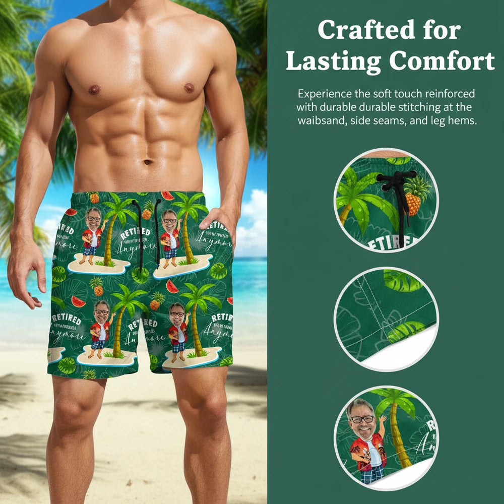 Custom Photo Beach Shorts with Retired Not My Problem Anymore close-up detail
