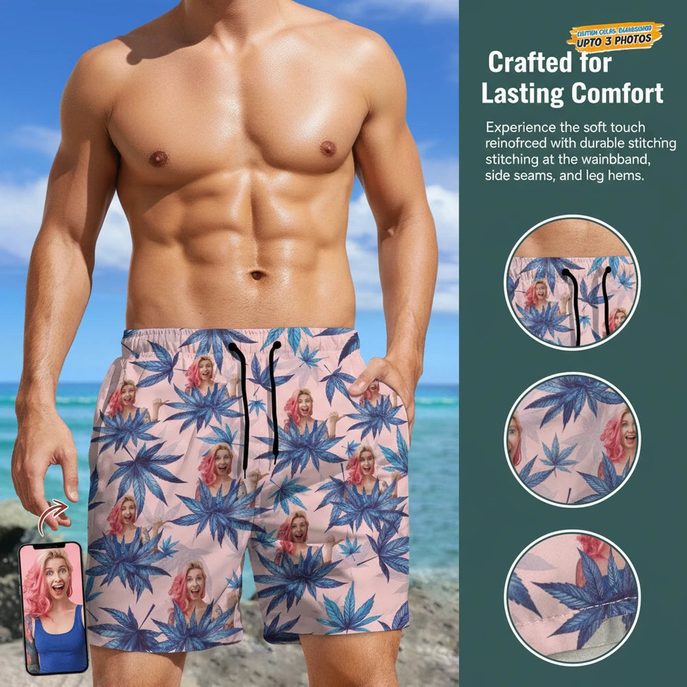 Custom Photo Upload Beach Shorts with Blue Palm Leaves close-up detail