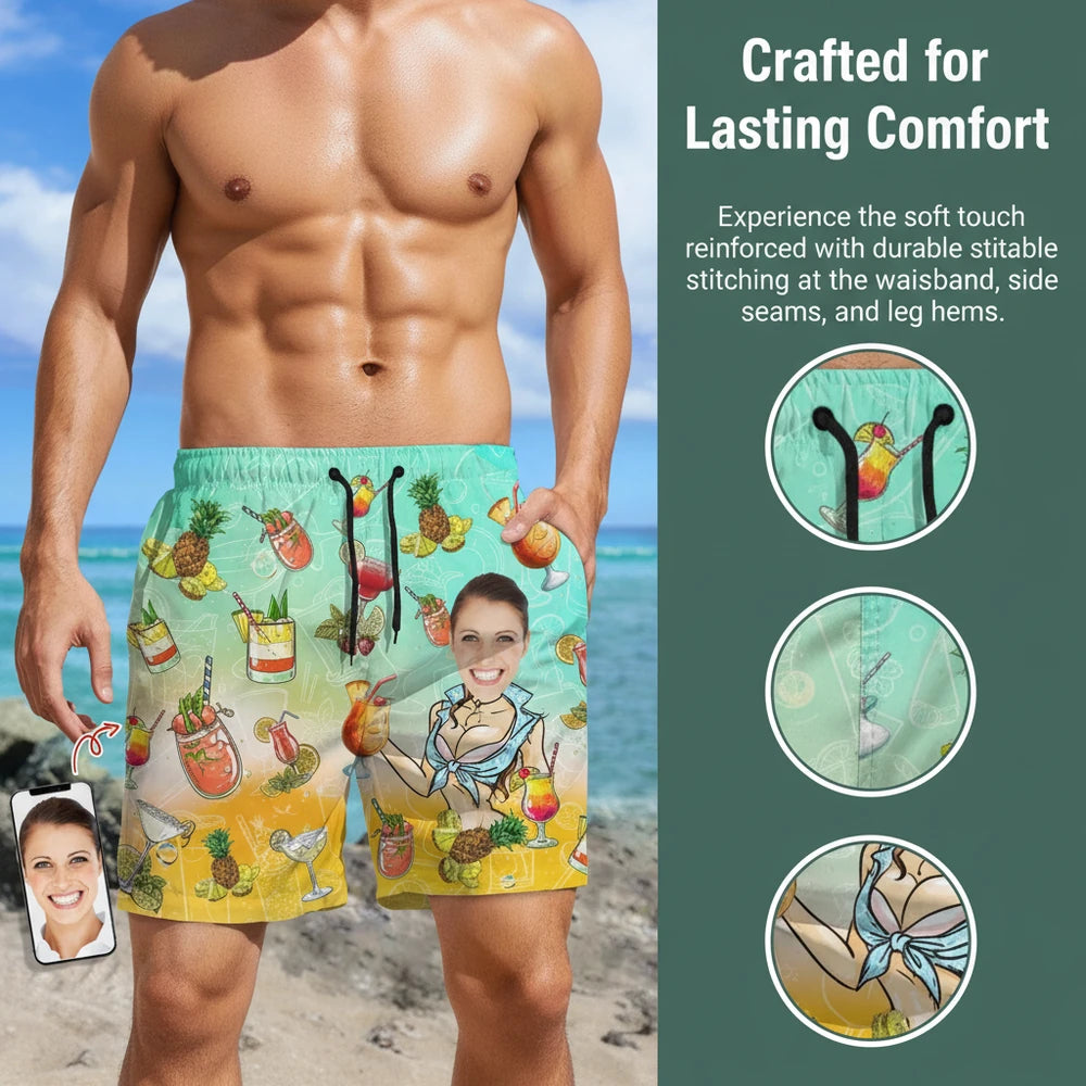 Custom Photo Upload Beach Shorts with Tropical Cocktails & Pineapples close-up detail