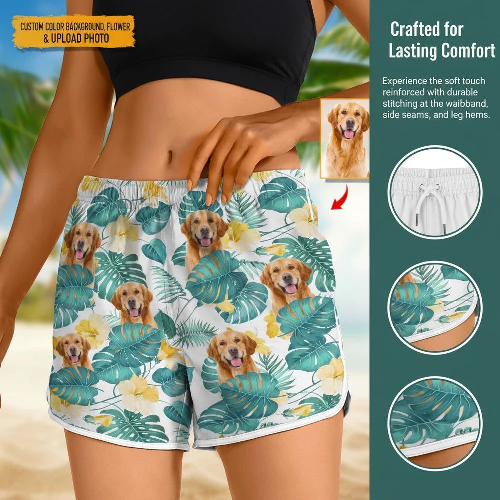 Custom Photo Upload Beach Shorts with Tropical Leaves & Flowers close-up detail