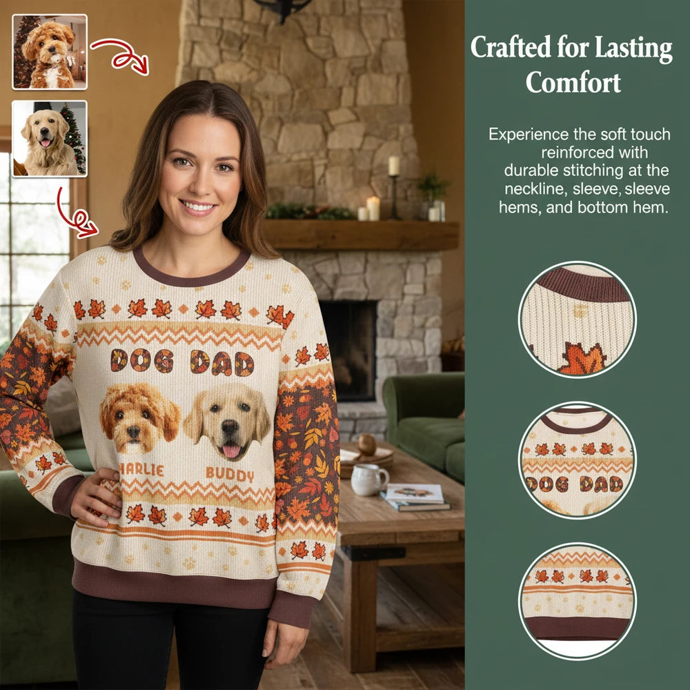 Custom Photo Upload Dog Dad Sweater with Autumn Leaves & Paw Prints close-up detail