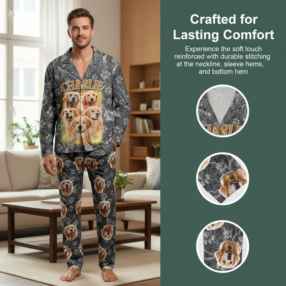Custom Photo Upload Pajamas with Lightning & Paw Print Design close-up detail
