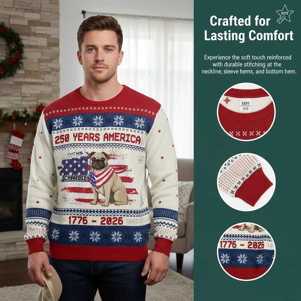Custom Photo Upload Sweater with Pug and American Flag close-up detail