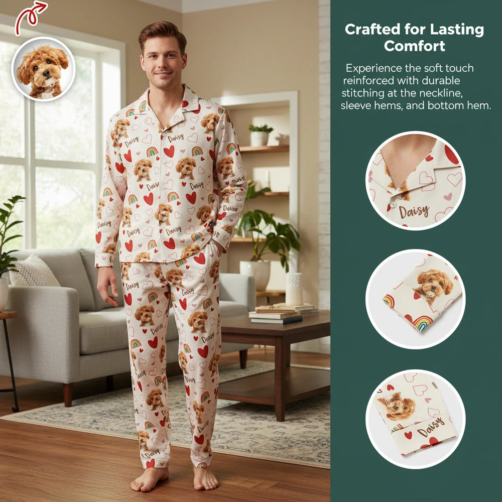 Custom Photo Upload Pajamas with Hearts and Rainbows close-up detail