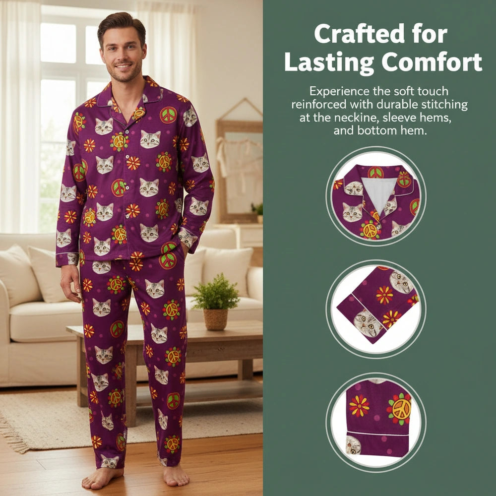 Custom Photo Upload Pajamas with Cat Faces & Peace Signs close-up detail