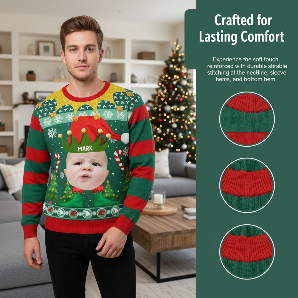 Custom Photo Upload Elf Sweater with Candy Canes & Snowflakes close-up detail