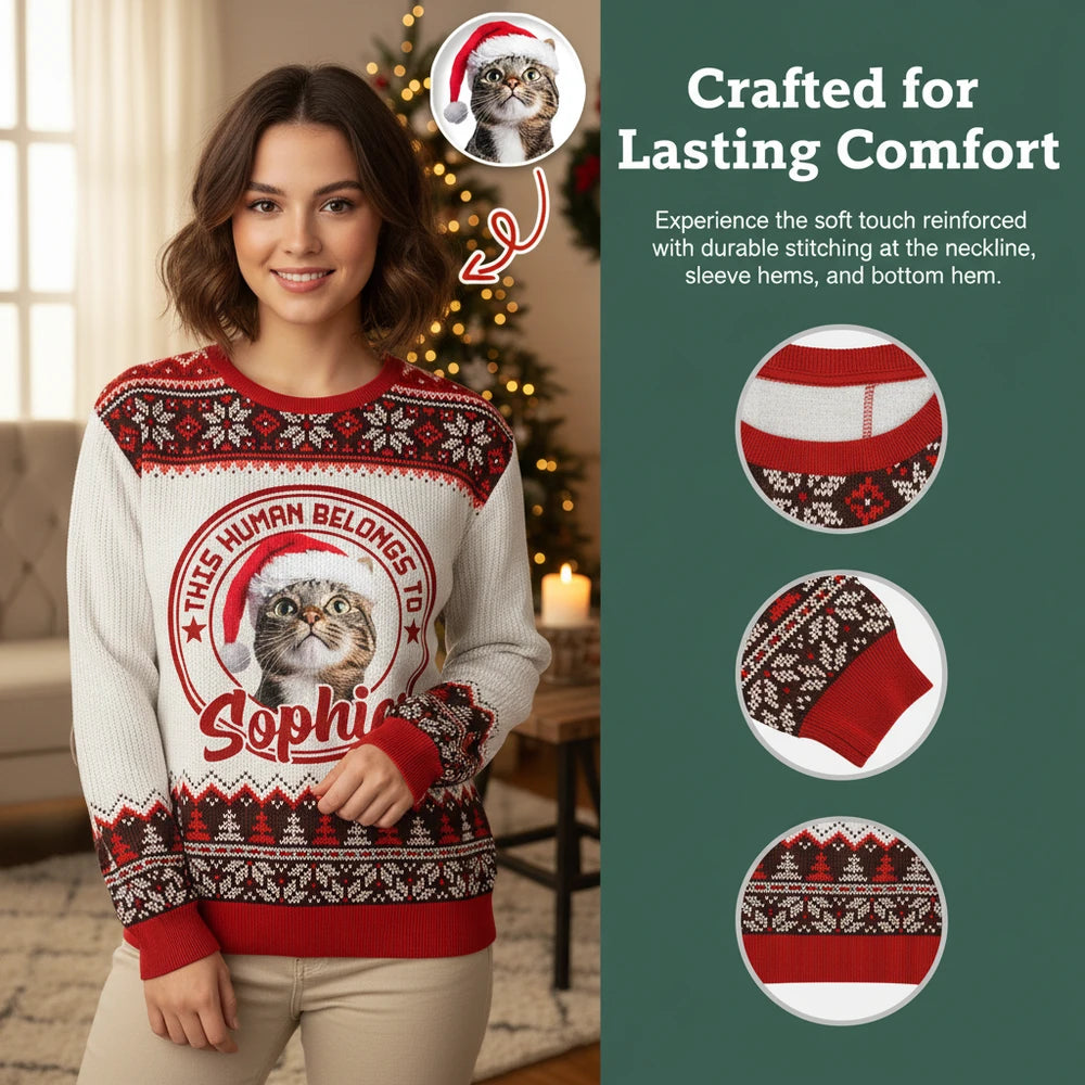 Custom Photo Upload This Human Belongs To Sweater with Fair Isle Pattern close-up detail