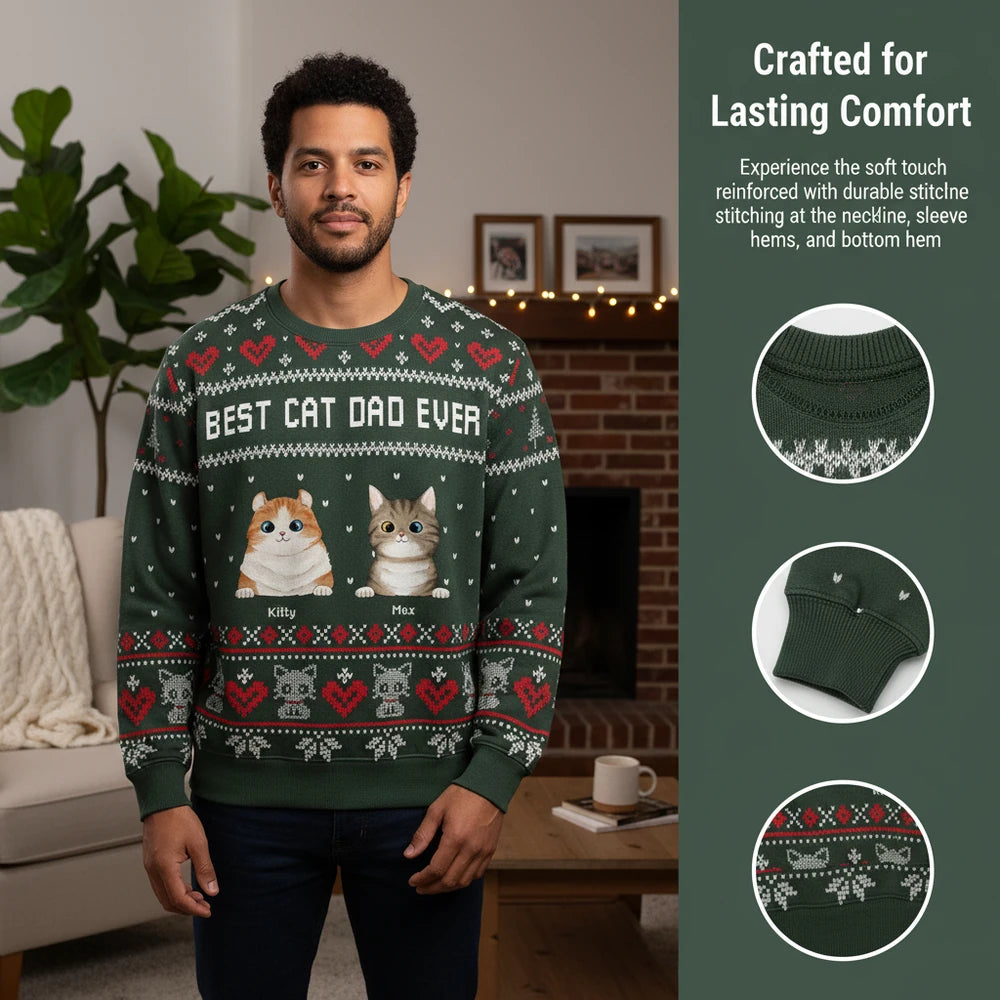 Custom Photo Sweater Best Cat Dad Ever with Ugly Christmas Pattern close-up detail