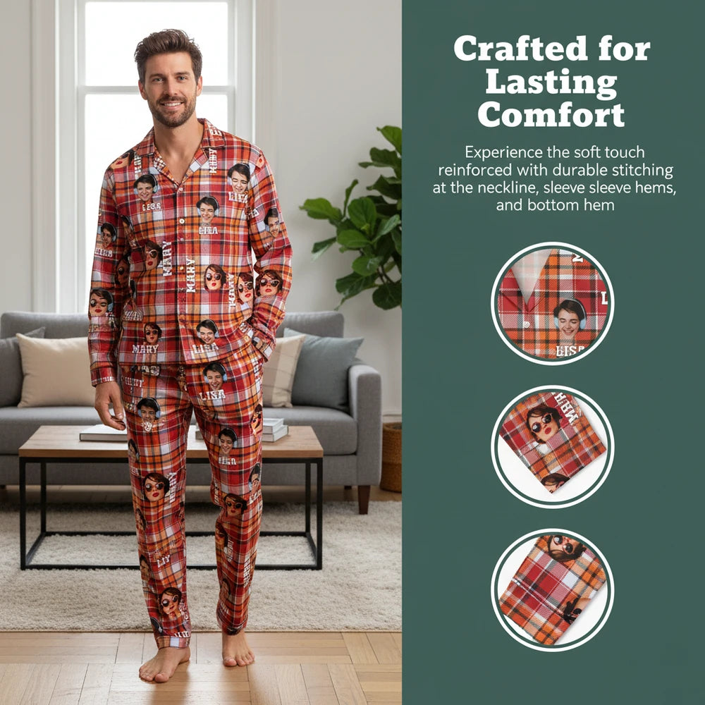 Custom Photo Upload Plaid Pajamas with Personalized Names close-up detail