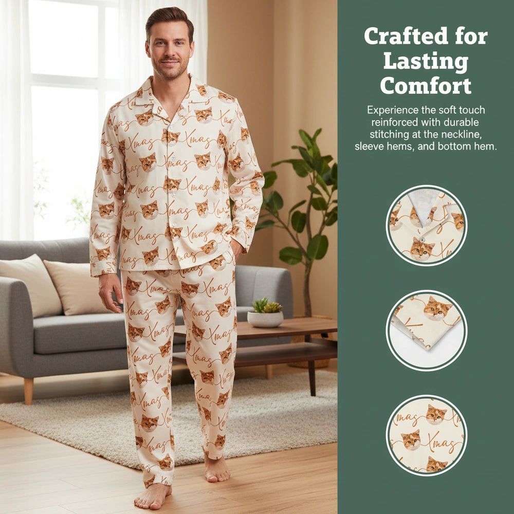 Custom Photo Upload Pajamas with Cat Faces and Xmas Text close-up detail