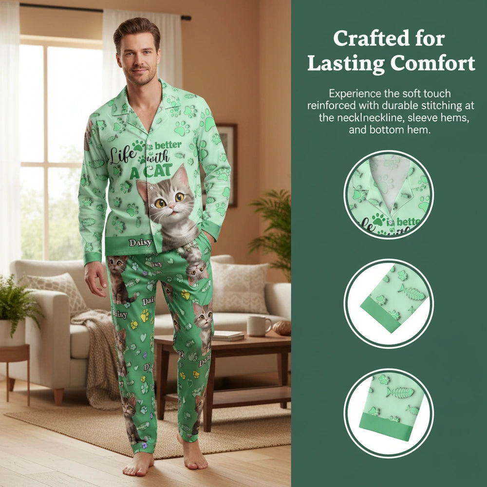 Custom Photo Upload Pajamas Life is Better with a Cat close-up detail