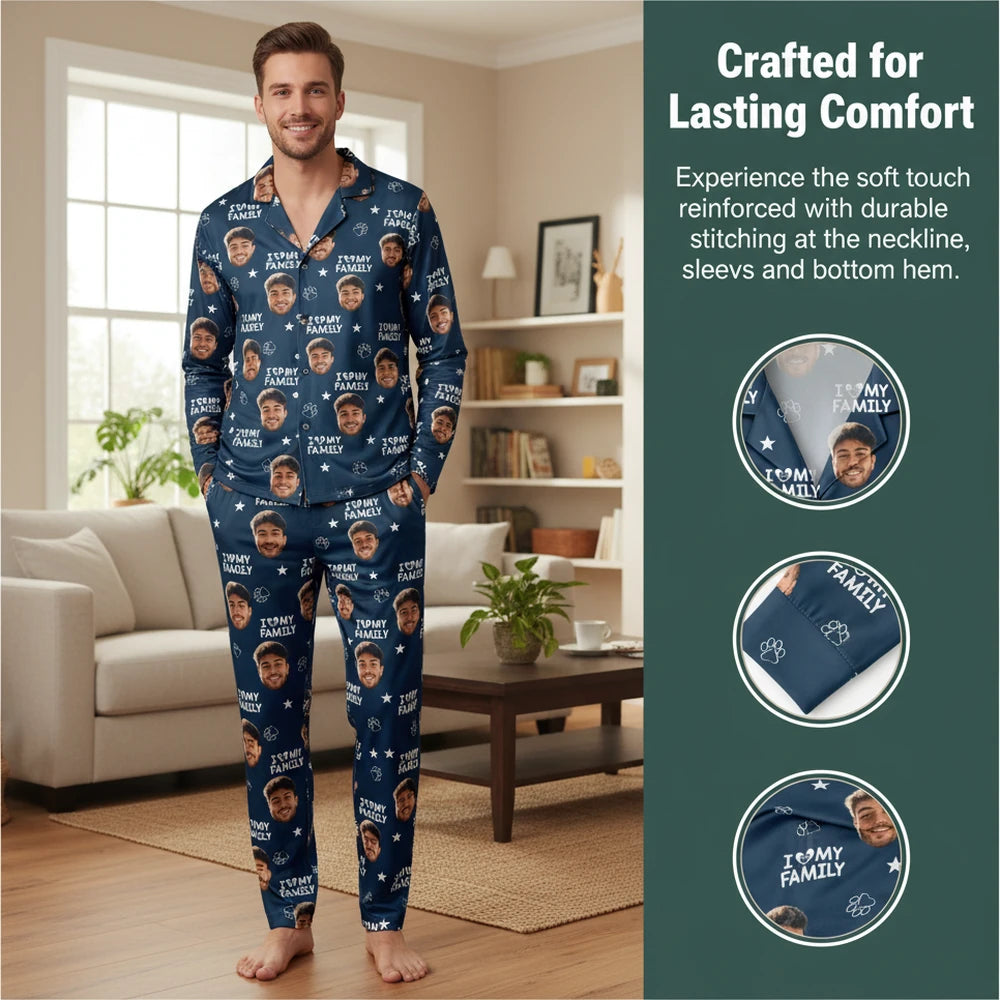 Custom Photo Upload Pajamas with I Love My Family & Paw Prints close-up detail