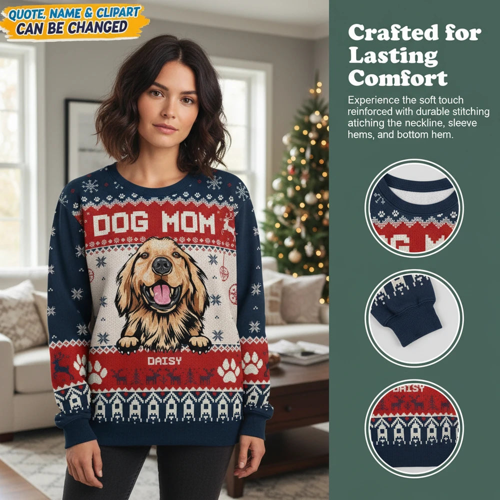 Custom Personalized Dog Mom Ugly Christmas Sweater with Golden Retriever close-up detail