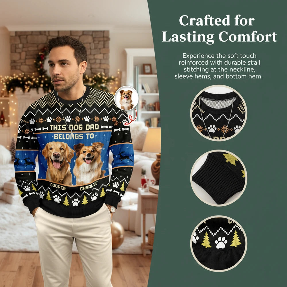 Custom Photo Upload This Dog Dad Belongs To Sweater with Paw Prints close-up detail