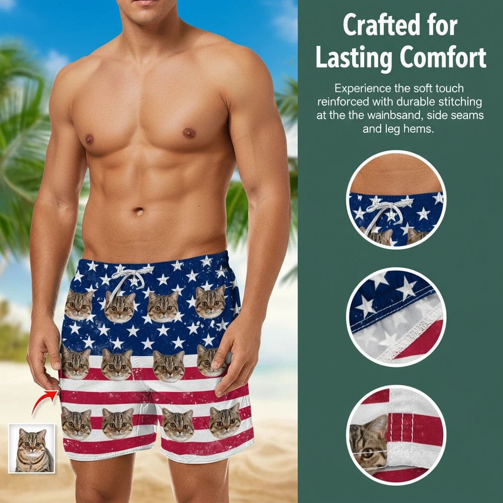 Custom Photo Upload Beach Shorts with American Flag & Stars close-up detail