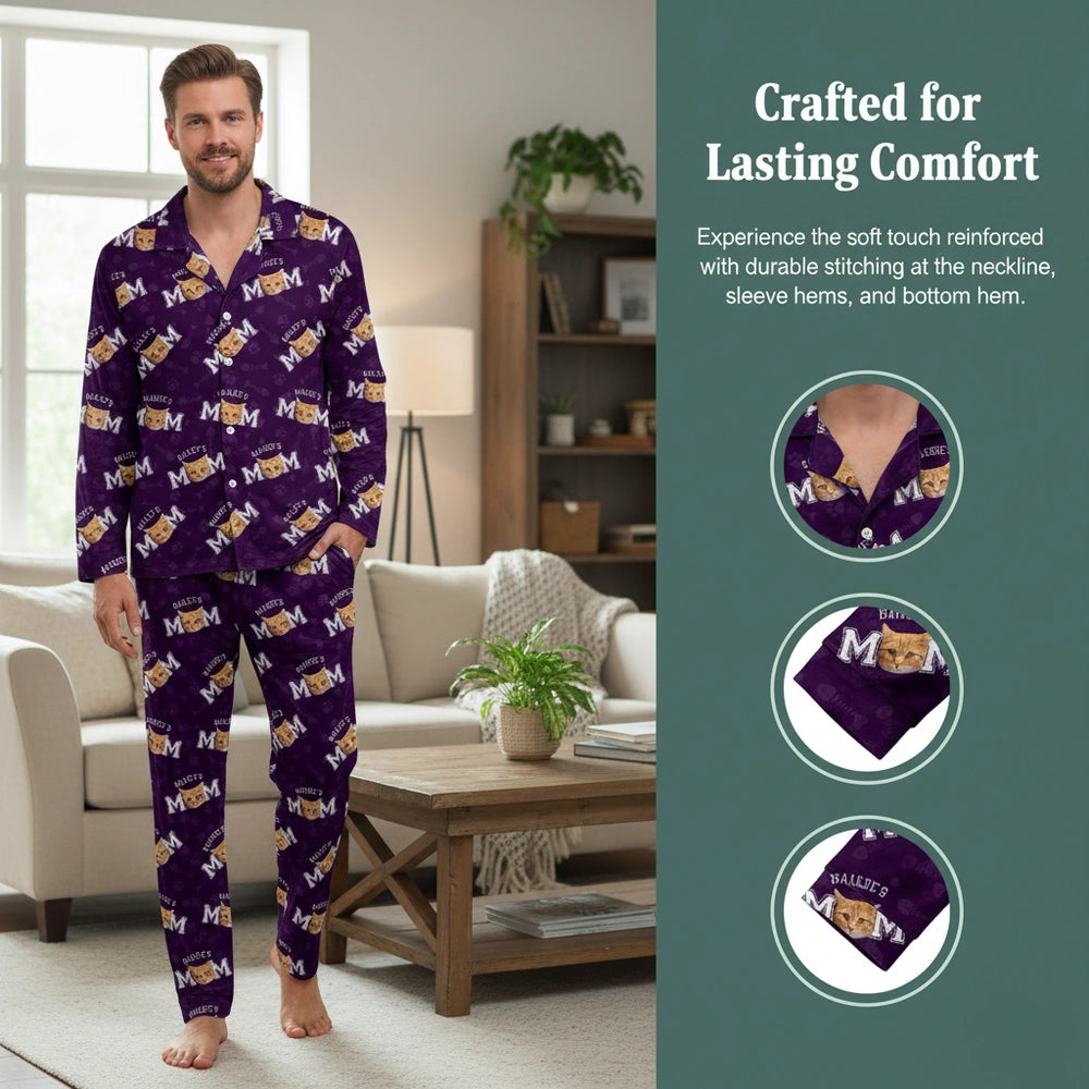 Custom Photo Upload Pajamas with Cat MOM Pattern & Paw Prints close-up detail