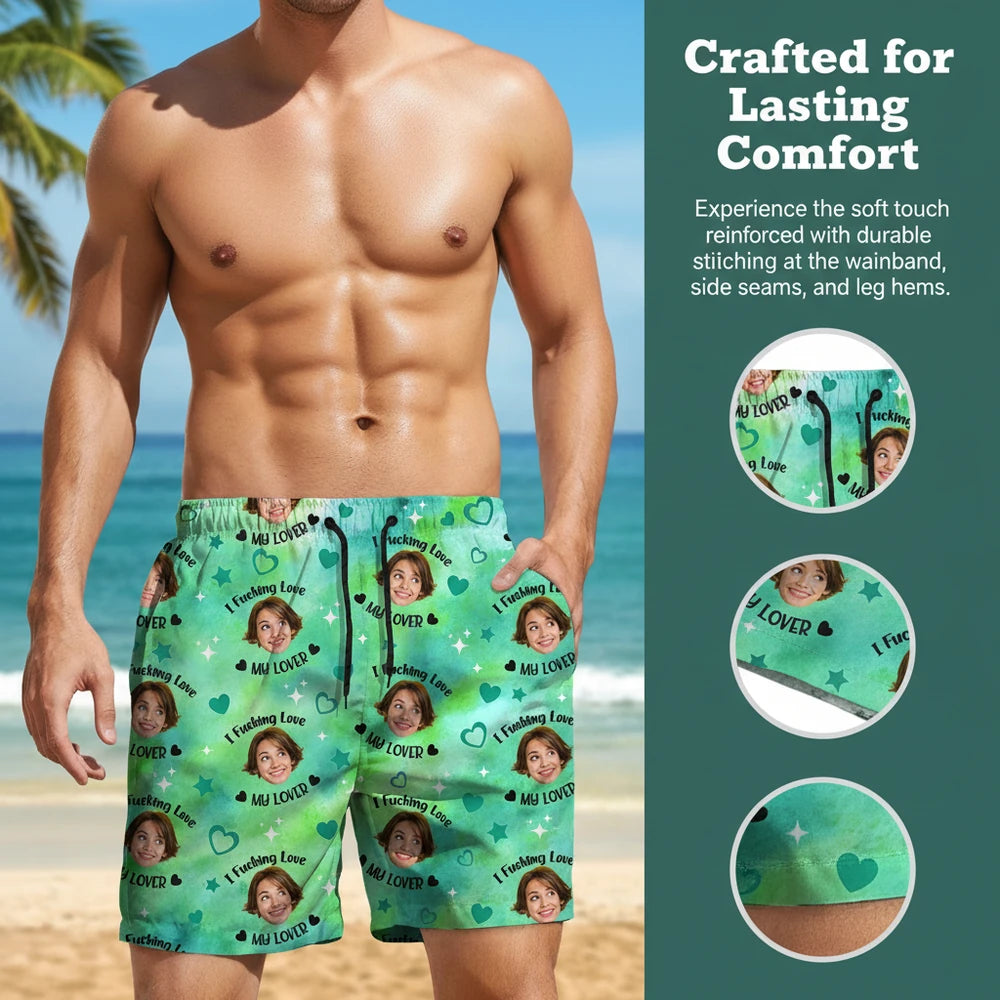Custom Photo Upload Beach Shorts with Hearts and Stars Pattern close-up detail
