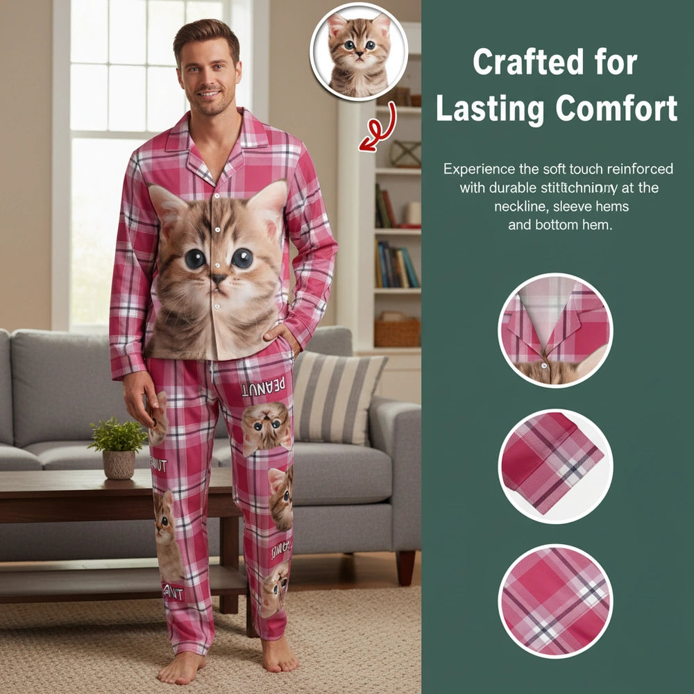 Custom Photo Upload Pajamas with Pink Plaid Pattern close-up detail