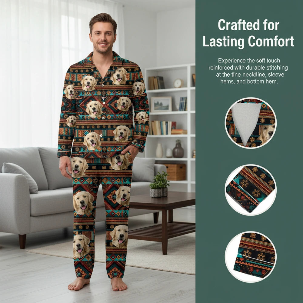 Custom Photo Upload Pajamas with Tribal Pattern & Pet Faces close-up detail