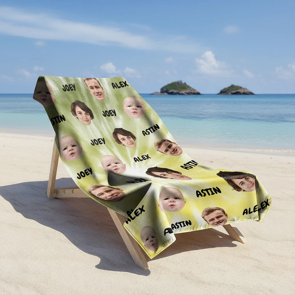 Custom Photo Upload Beach Towel with Repeating Face Pattern close-up detail