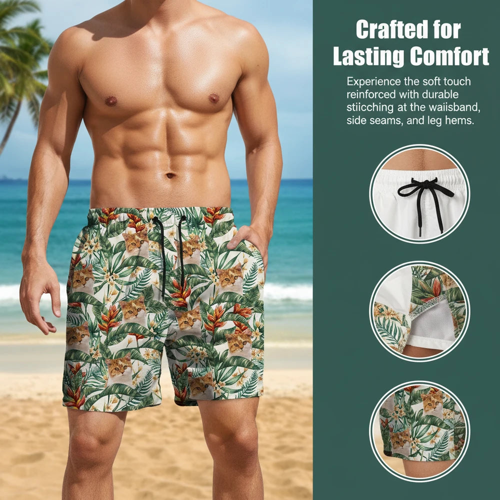 Custom Photo Upload Beach Shorts with Tropical Leaves & Cat Faces close-up detail