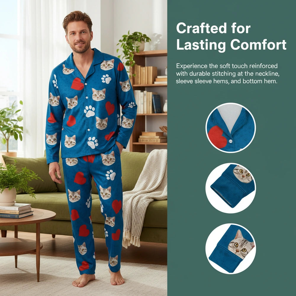 Custom Photo Upload Pajamas with Cat Faces Hearts & Paw Prints close-up detail