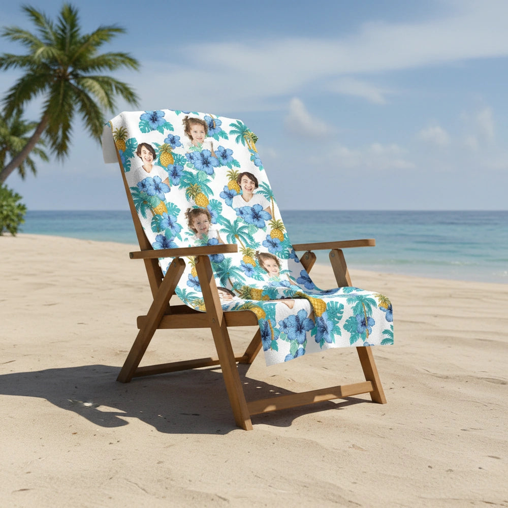 Custom Photo Upload Beach Towel with Tropical Hibiscus & Pineapples close-up detail