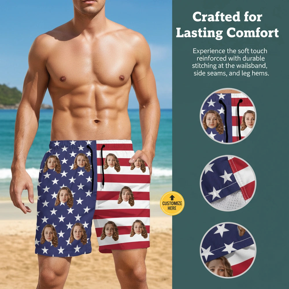 Custom Photo Upload Beach Shorts with American Flag Design close-up detail