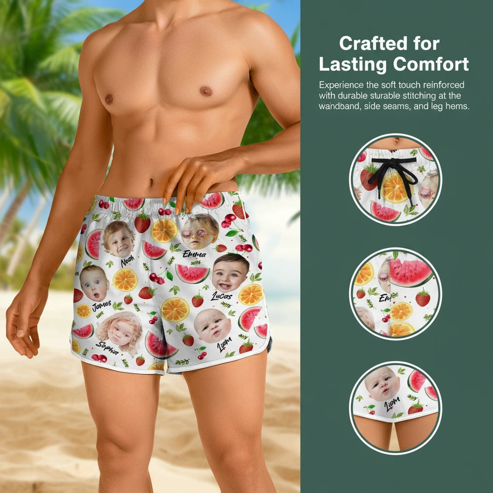 Custom Photo Beach Shorts with Watermelon & Strawberries close-up detail