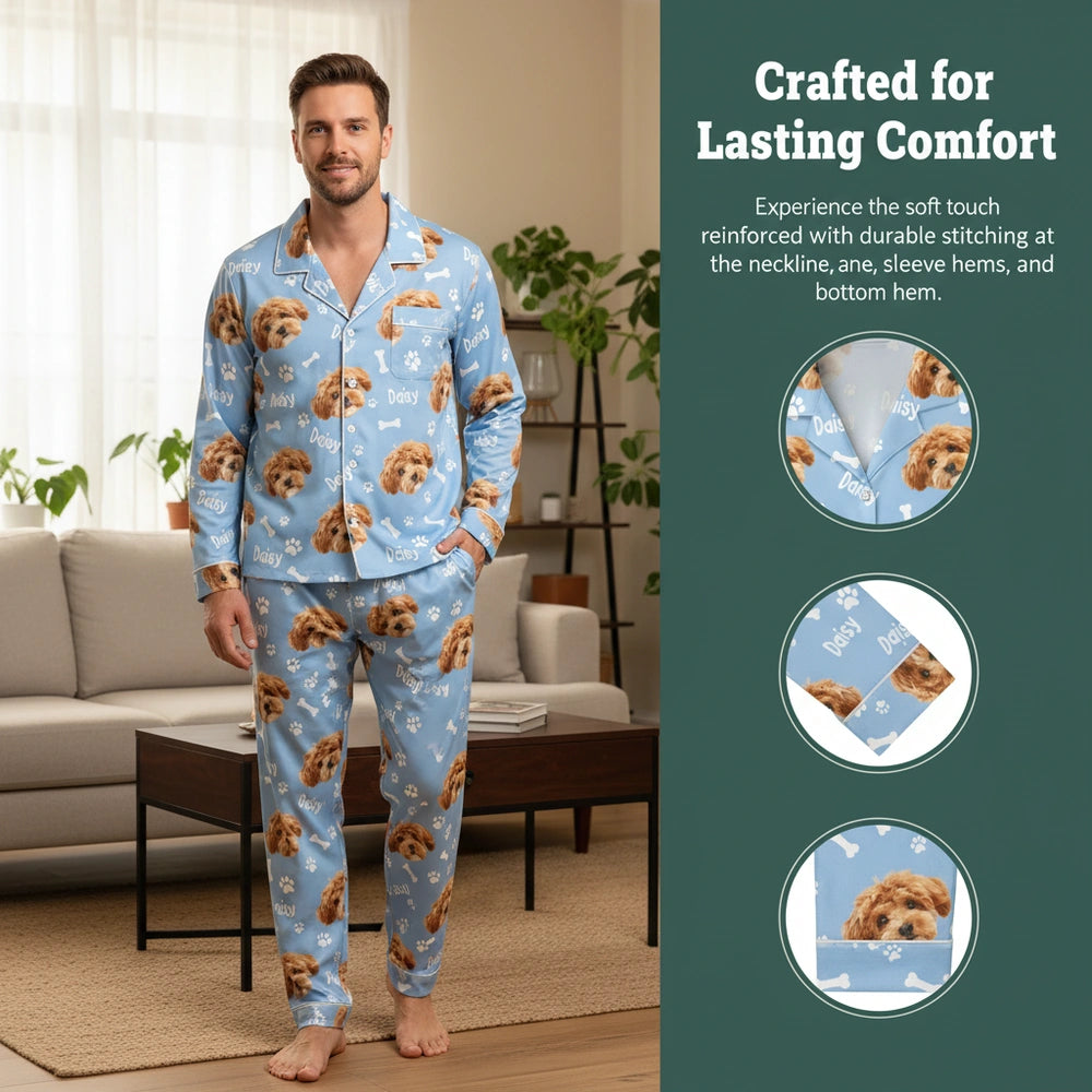 Custom Photo Upload Dog Pajamas with Paw Prints & Bones close-up detail