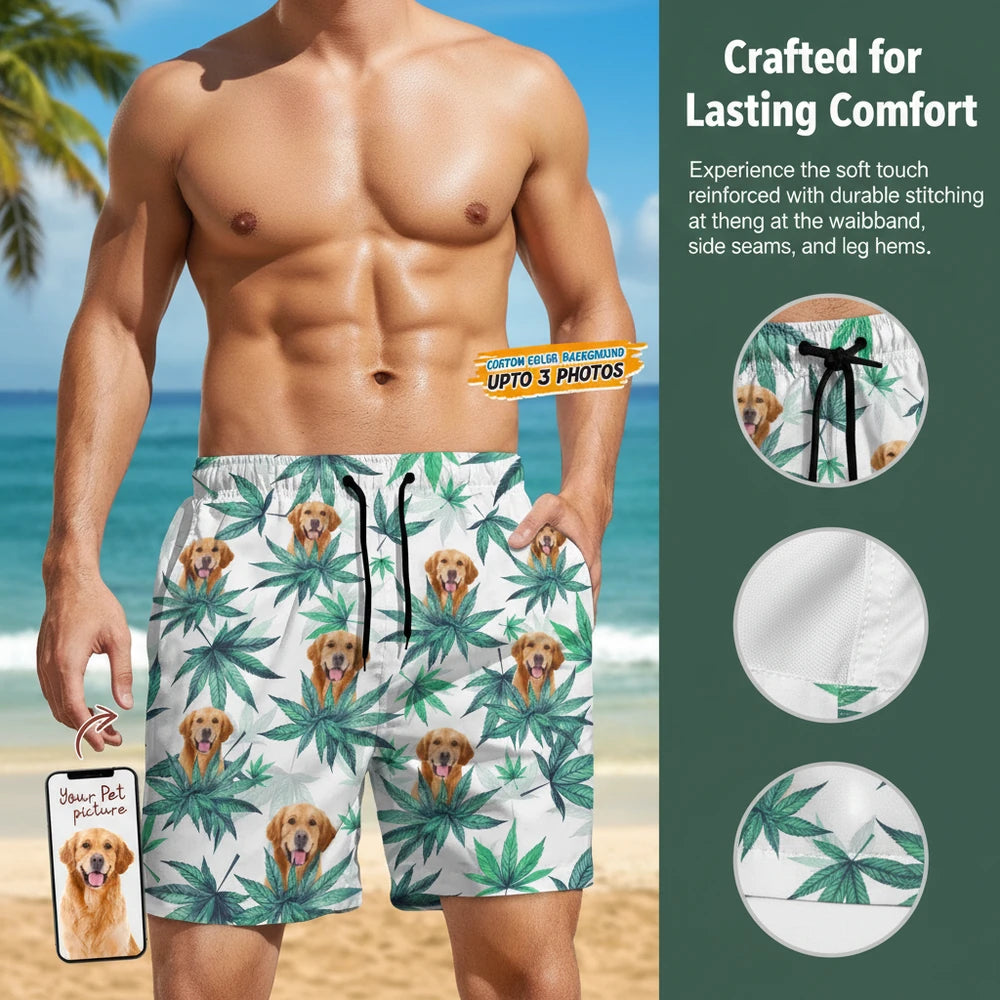 Custom Photo Upload Beach Shorts with Tropical Leaves Pattern close-up detail