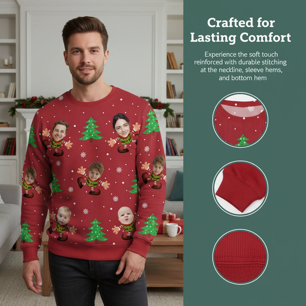 Custom Photo Upload Sweater with Christmas Elves & Trees close-up detail