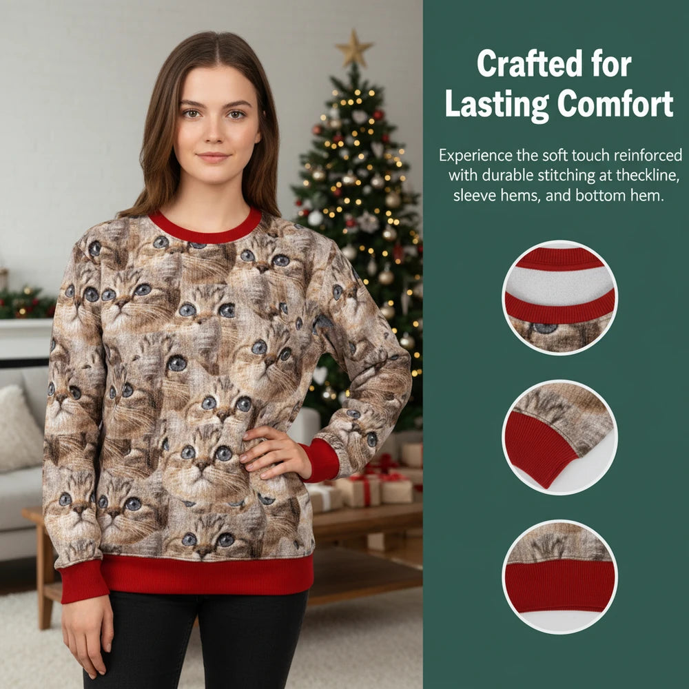 Custom Photo Upload Sweater with Cute Cat Faces Pattern close-up detail
