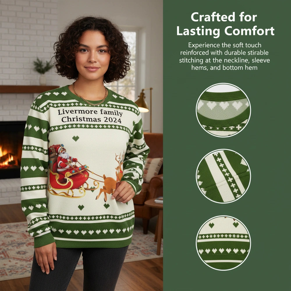 Custom Personalized Sweater with Santa Sleigh & Reindeer close-up detail